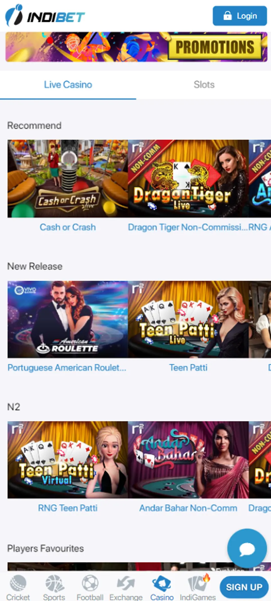 Live casino games in the Indibet App.