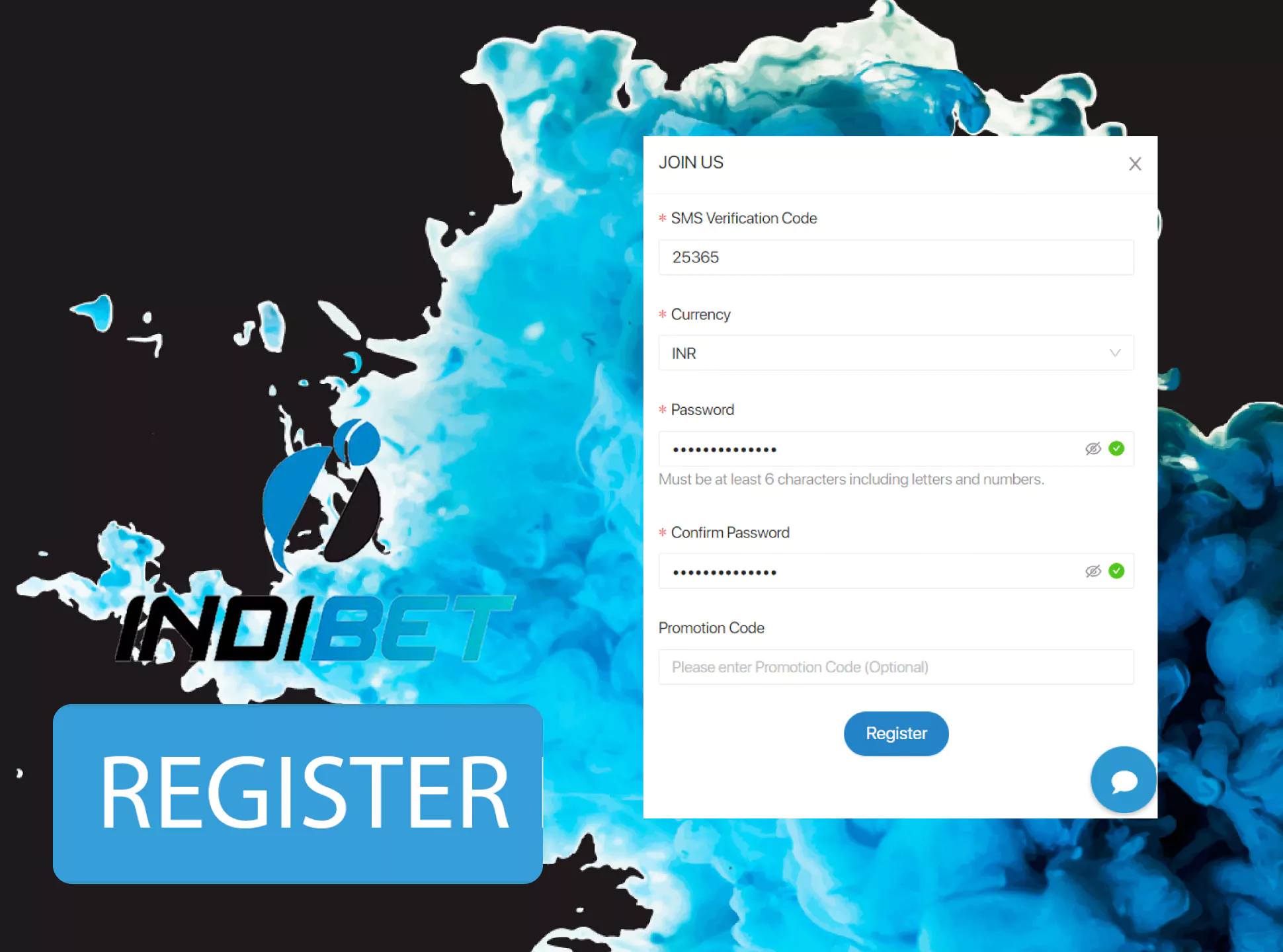 Click register button and finish registration at the Indibet.