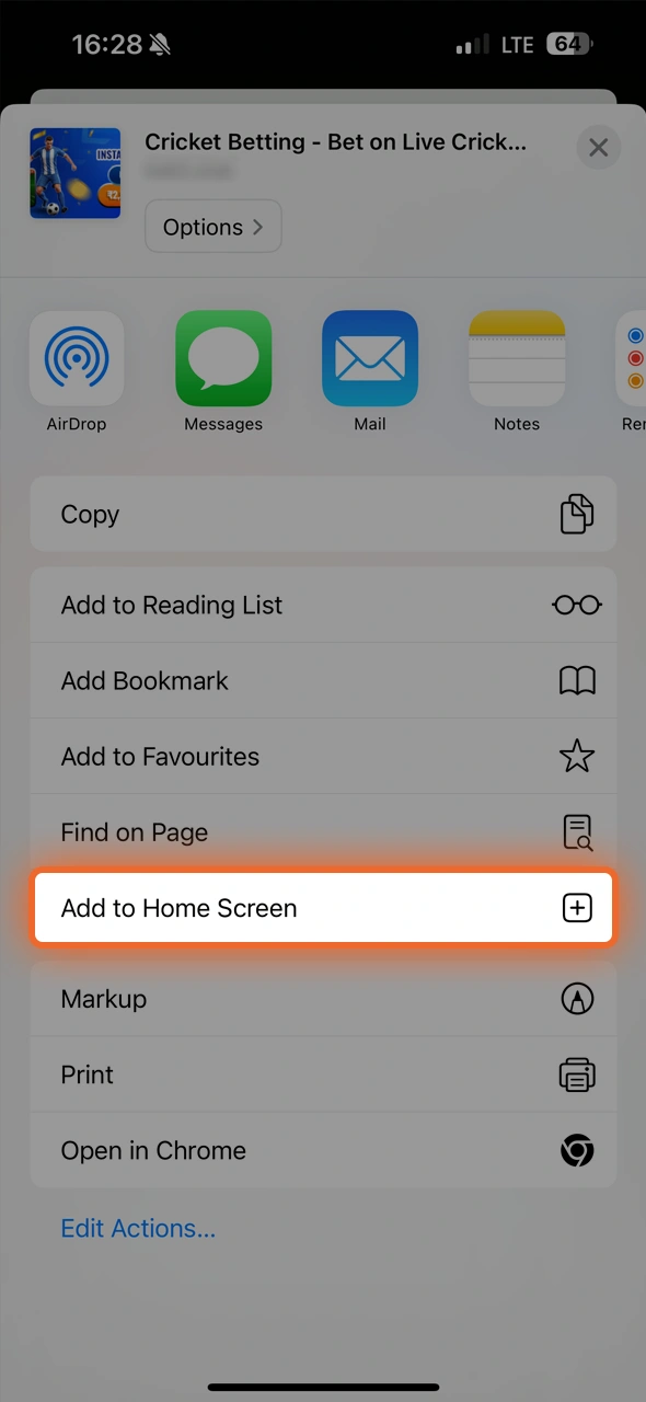 Select Add to Home Screen to save IndiBet as an app shortcut.