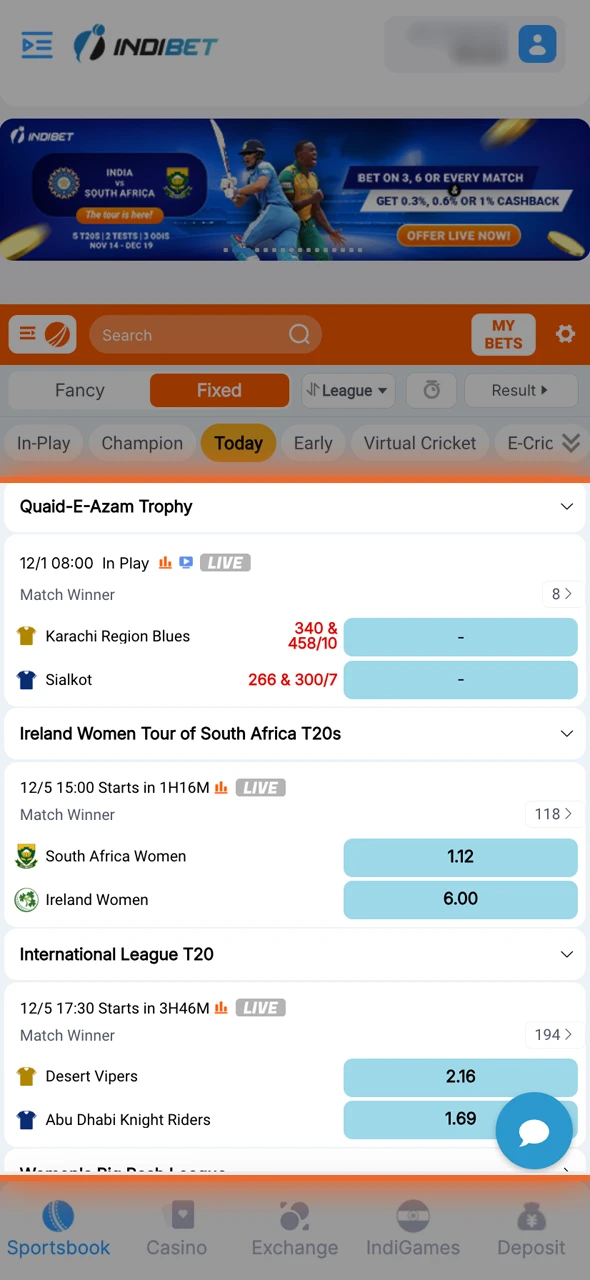 Select a match and choose the betting market.