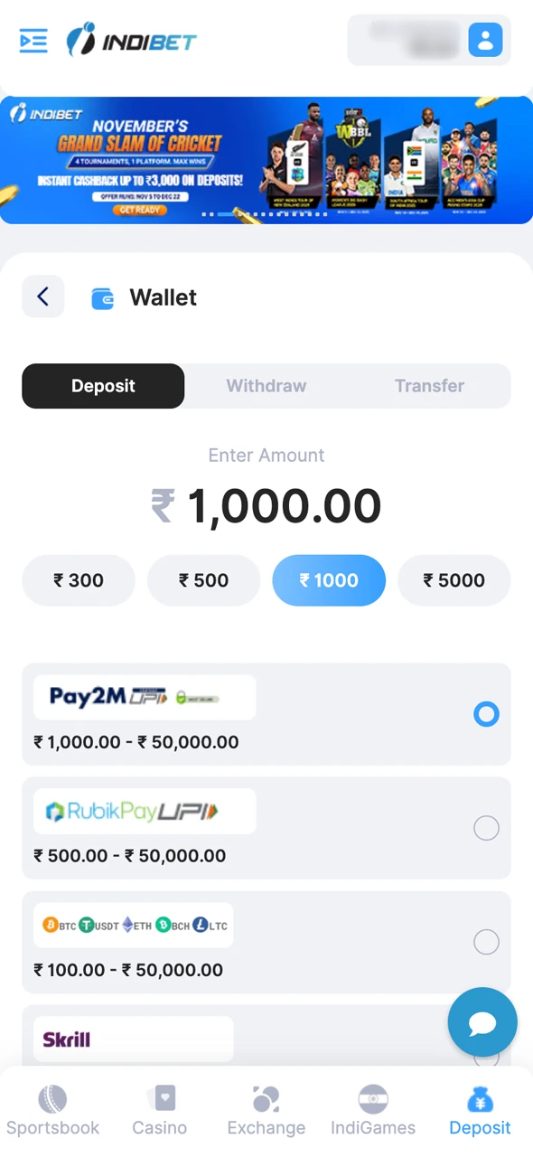 Deposit funds by selecting a payment method and confirming.