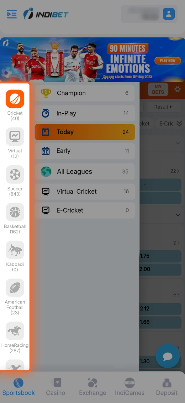 Go to the Sportsbook and select your preferred sport.