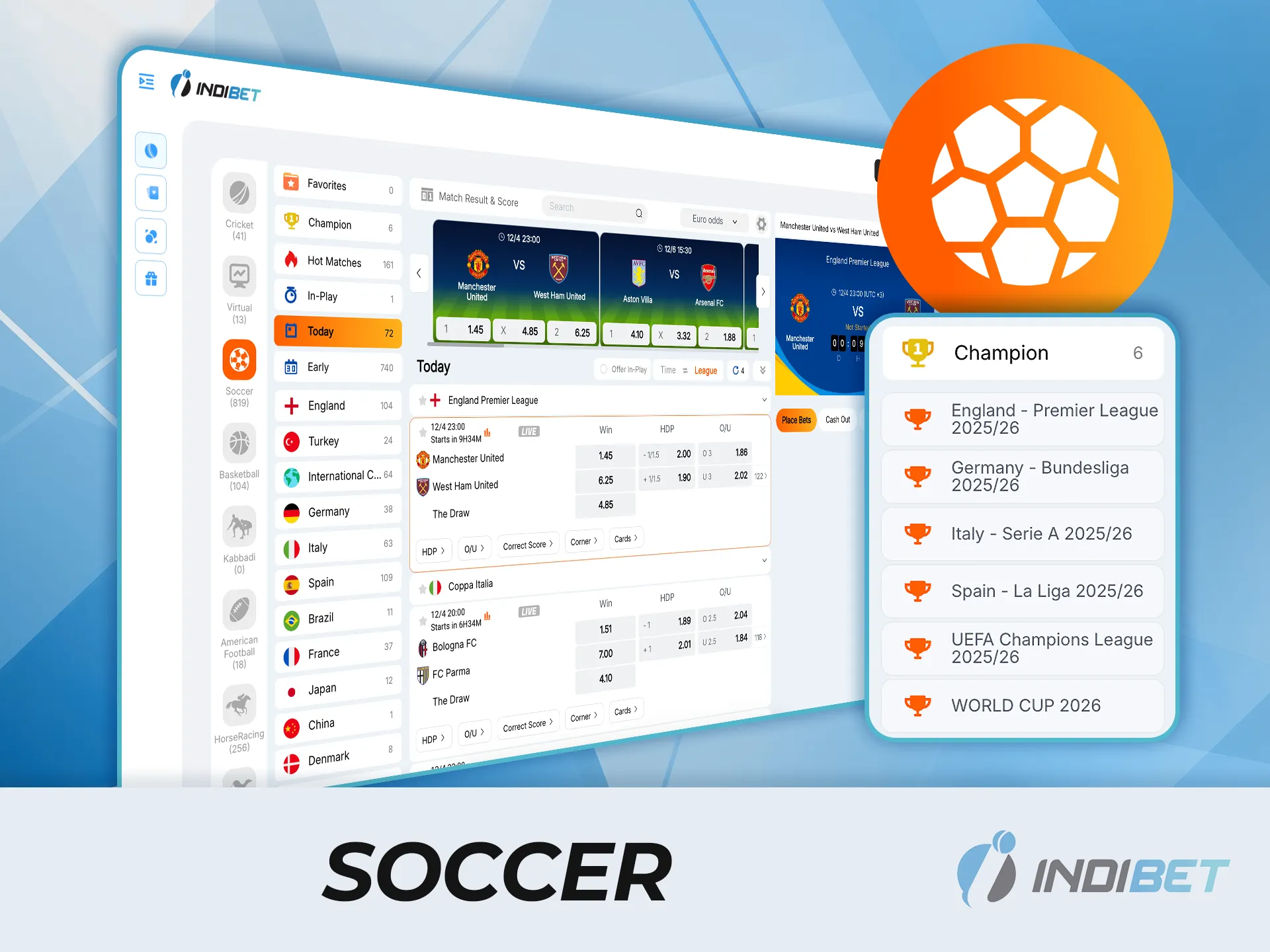 Bet on soccer matches at IndiBet and experience the thrill of every game.