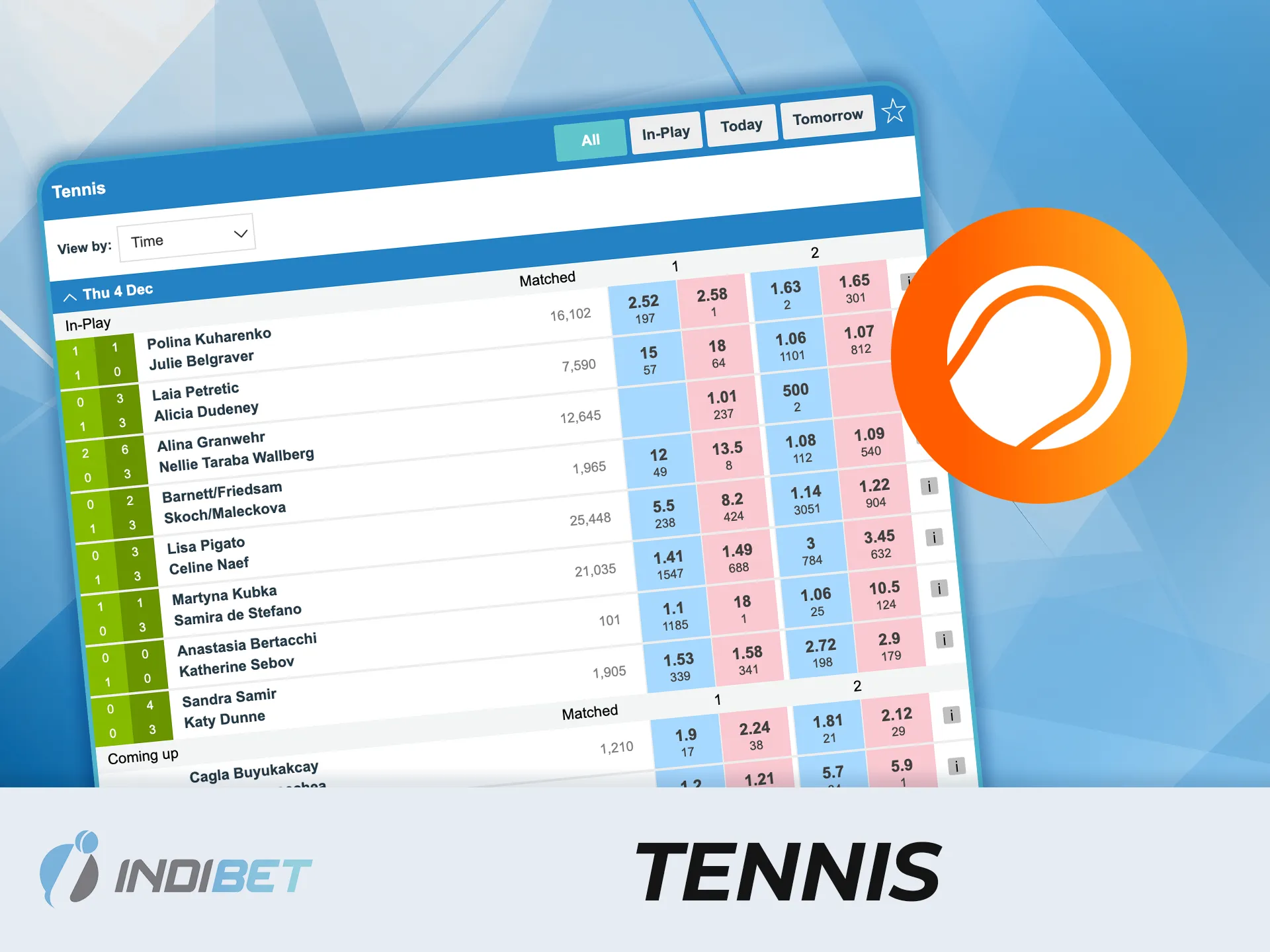 Place your bets on tennis tournaments at IndiBet and win exciting prizes.