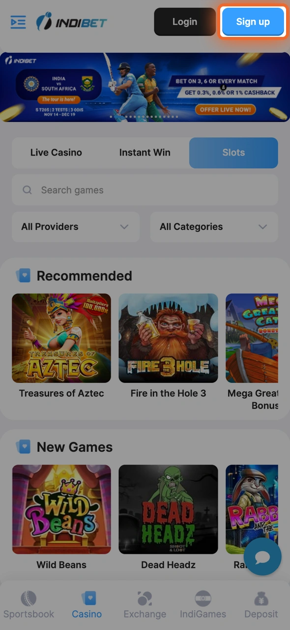 Click the registration button to open the sign-up form on IndiBet.