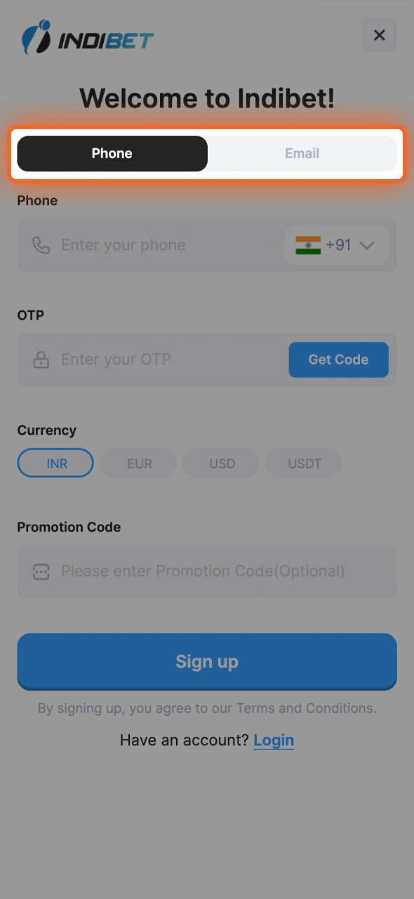 Choose between registering via email or phone number.